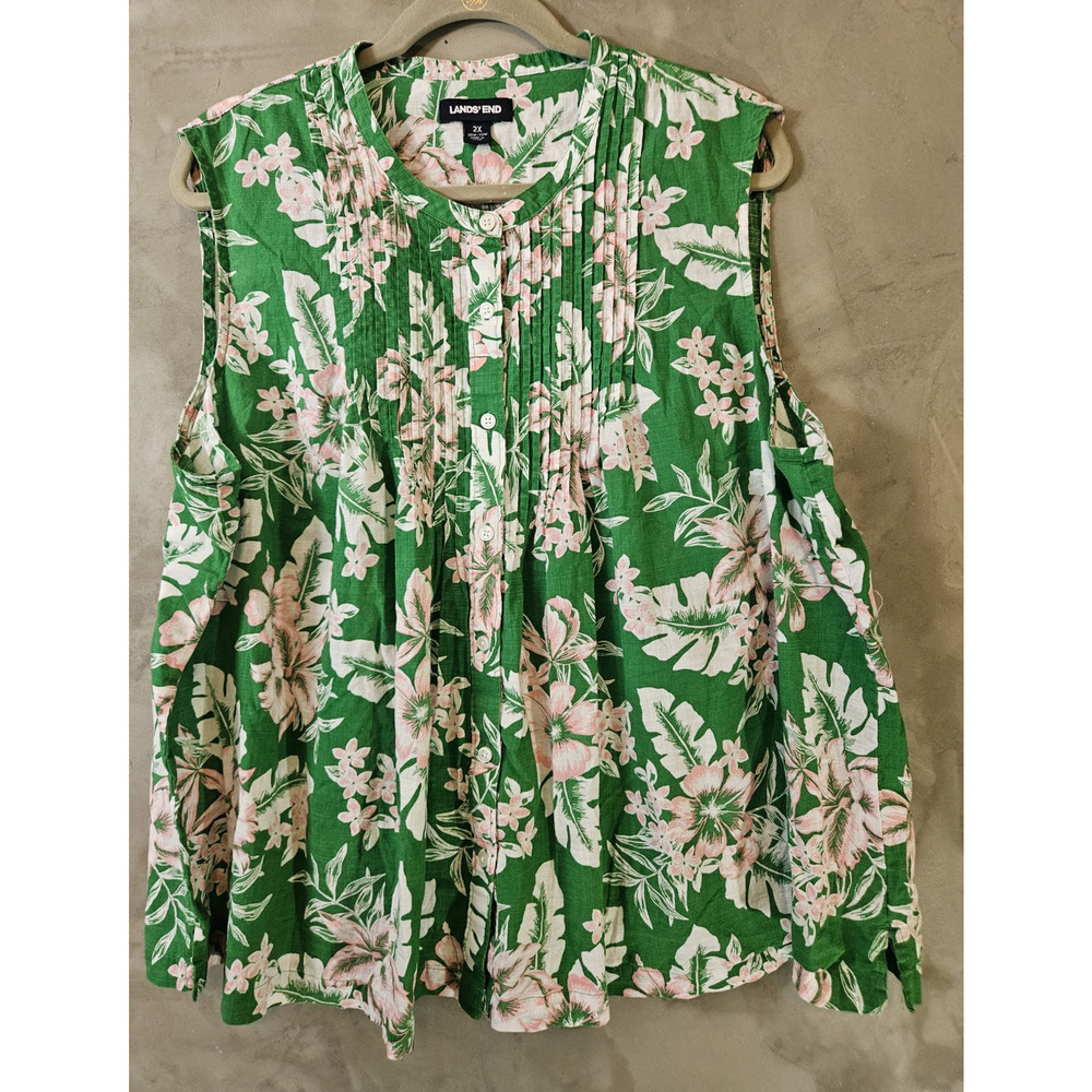 Lands' End 2X Green Pink White Floral Cotton Woven Round Neck Sleeveless Blouse